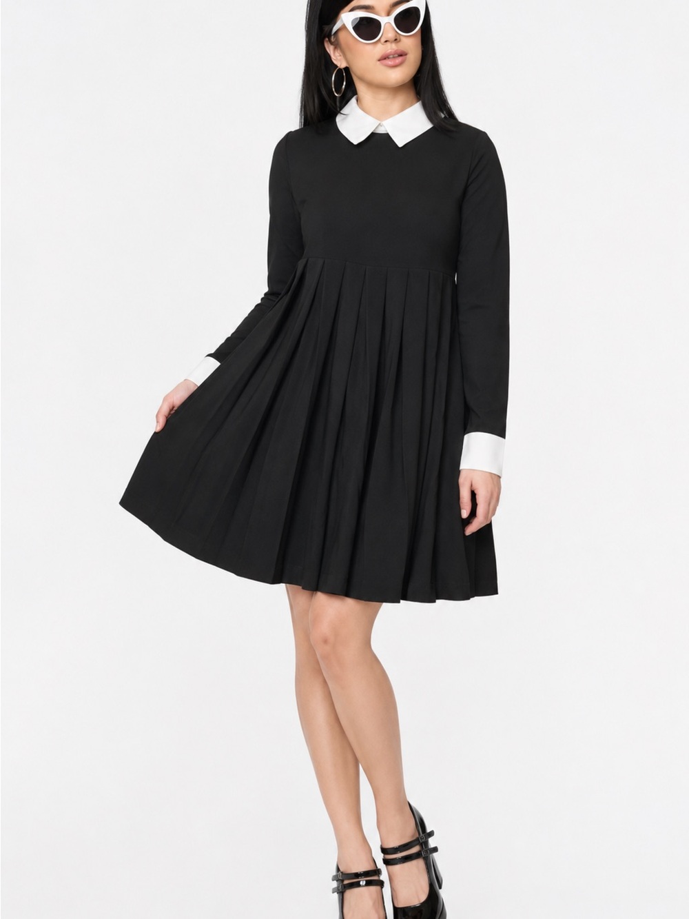Unique Vintage Black Pleated Long-Sleeve Dress with White Collar & Cuffs